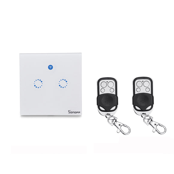 SONOFF T1 EU AC90V-250V 600W Smart WIFI Wall Touch Light Switch 2 Gang Touch/WiFi/433 RF/APP Remote Smart Home Controller + 2pcs SONOFF 433MHZ Remote Controller