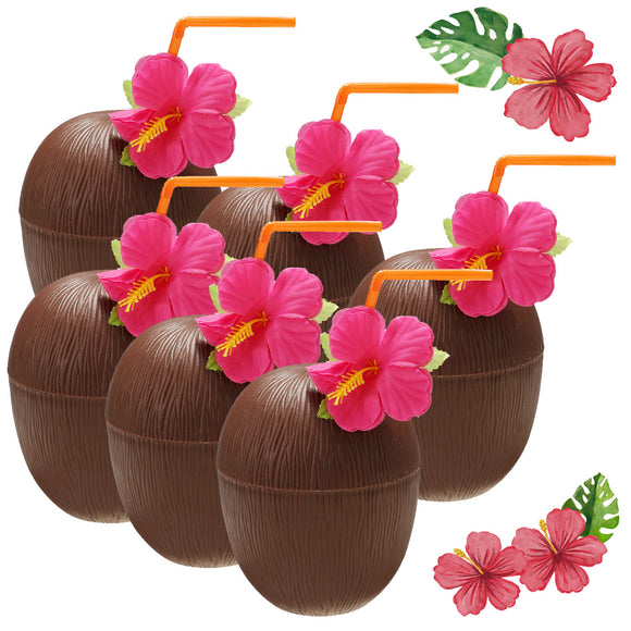 6Pcs Hawaiian Luau Hula Tropical Plastic Party Coconut Cup Drink & Straw Decoration Drinking Straw