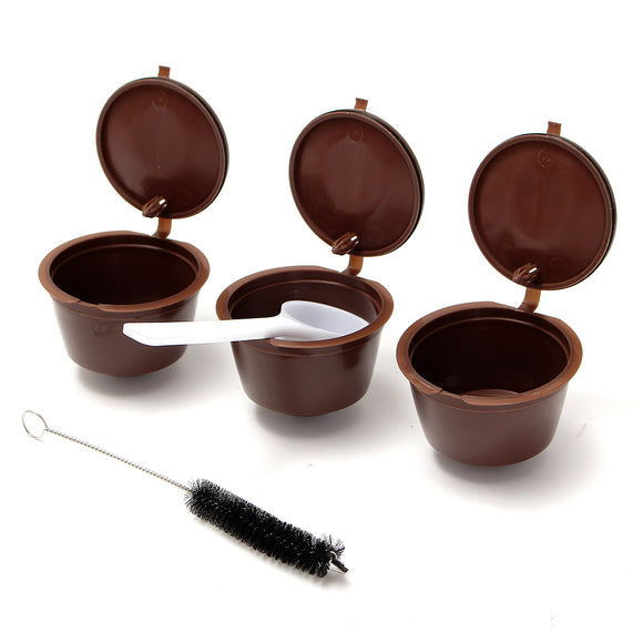 3 Pcak Reusable Coffee Capsules Cup Pod with Plastic Spoon and  Cleaning Brush Refill