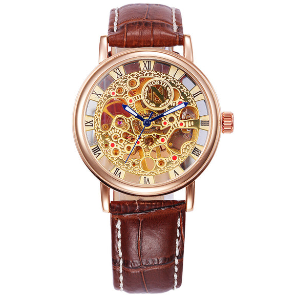 NORTH 1218 Waterproof Skeleton Men's Wrist Watch Gold Case Skeleton Hand Wind Mechanical Watches