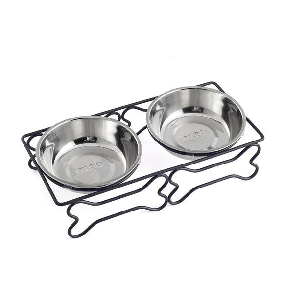 Stainless Steel Pet Bowl for Food and Water Bowls Pet Feeder Double Bowls Set Bone Shape Metal Stand