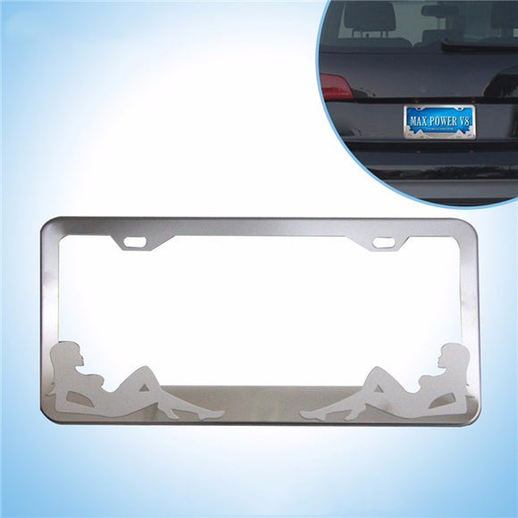 Tirol Car Girl Drawing License Plate Frame Stainless Steel Polished Metal Tag Cover 31.5*13.5cm