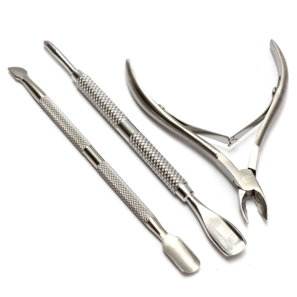 3Pcs Stainless Steel Nail Cuticle Spoon Pusher Remover Cutter Nipper Clipper Manicure Set