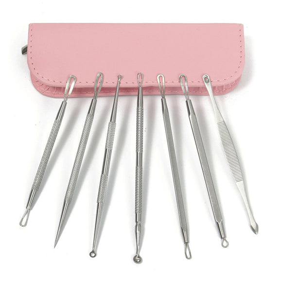 7Pcs Pink Bag Multipurpose Acne Blackhead Comedone Remover Extractor Stainless Steel Tool Set Kit