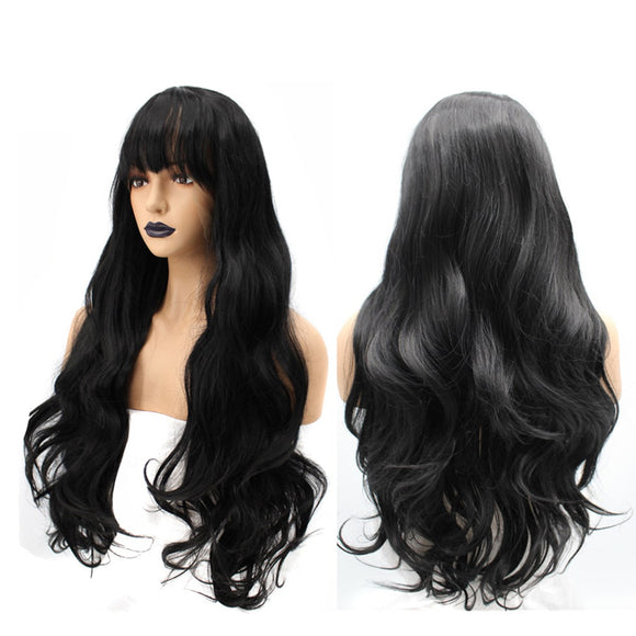 22  26Inch Women Synthetic Lace Front Wig Hair With Bangs Long Loose Wave Wavy Wigs Black