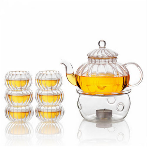 600ml 6 Cups Tealight Warmer Clear Pumpkin Tea Glass Pot Set Infuser Coffee Pot