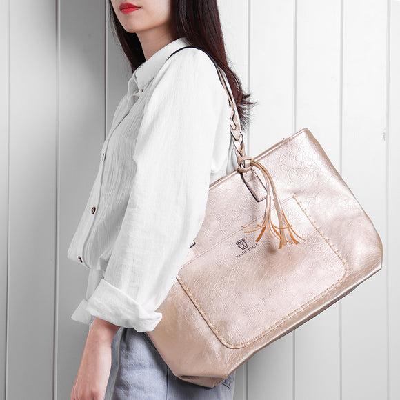 Large Capacity Tassel Decor Tote Bag With Braided Handle Handbag