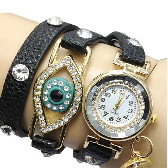 Rhinestone Moon Pendant Eye PU Leather Women Bracelet Watch