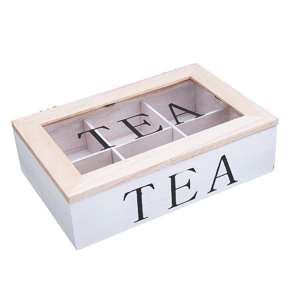 6 Compartments Wooden Tea Bag Storage Box Clear Top Container Storage Chest Tin Gift Case