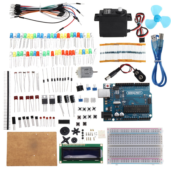 KW-AR-StartKit Kit with 17 Classes UNO R3 DC Motor Breadboard Components Set Geekcreit for Arduino - products that work with official Arduino boards