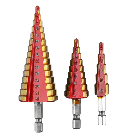 3pcs 4-12/4-20/4-32mm HSS Step Cone Drill Bits Hex Shank Triangle Shank Hole Cutter