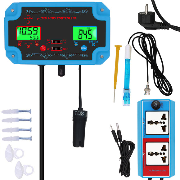 PTT-2826 Professional 3 in 1 pH/TDS/TEMP Water Quality Detector pH Controller with Relay EU Plug Repleaceable Electrode BNC Type Probe Water Quality Tester for Aquarium Hydroponics Tank Monitor 14.00pH / 1999ppm 19.99ppt