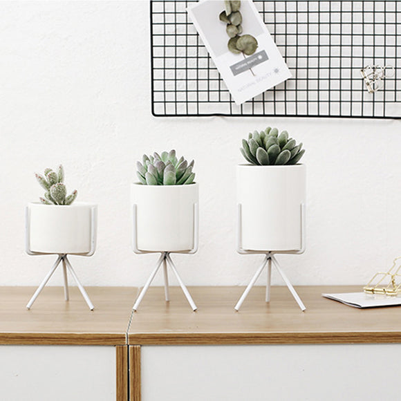 White Short Tripod Plant Iron Stand +Ceramic Flower Succulent Pot Display Rack Holder Decor