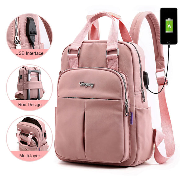 Women Fashion Nylon Waterproof Casual Patchwork Backpack With USB Charging Port For Outdoor School