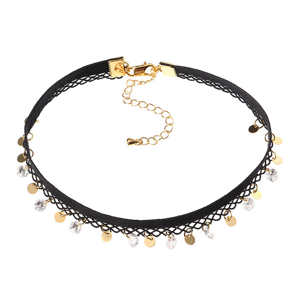 JASSY Fine Necklace Punk Lolita Anallergic 18K Gold Plated Shiny Zircon Gold Coin Black Lace Choker