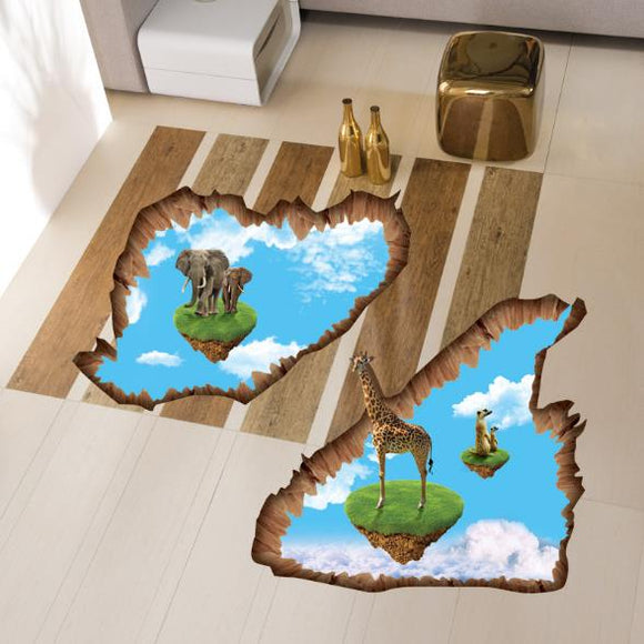 3D Elephant Giraffe Walking Living Room Bedroom Animals Floor Background Wall Decor Creative Stickers
