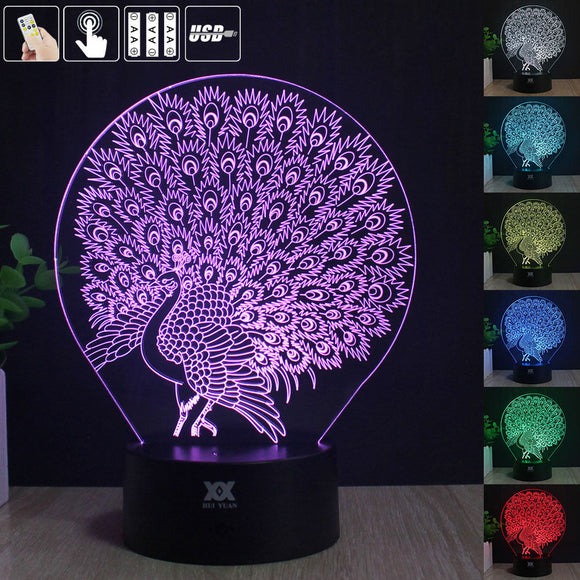 Peacock 3D Acrylic LED Mood Night Light 7 Color Touch USB Desk Lamp Lovely Gift for Child