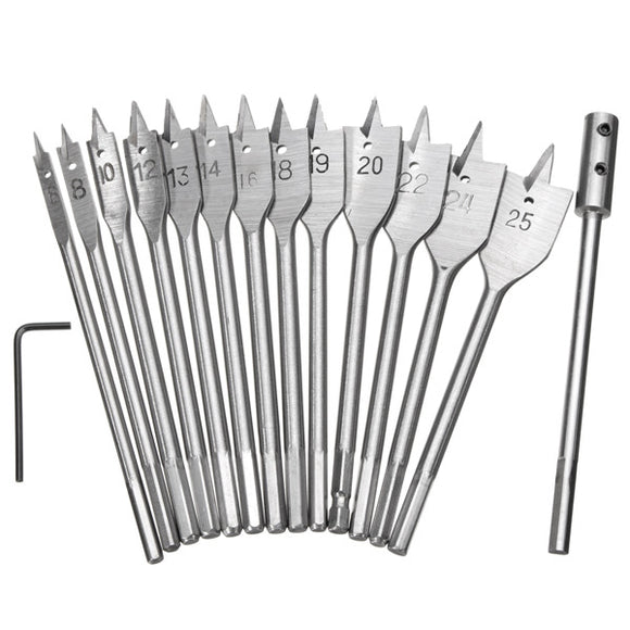 13pcs 6-25mm Wood Spade Flat Drill Bits with Extension Rod 1/4 Inch Hex Shank