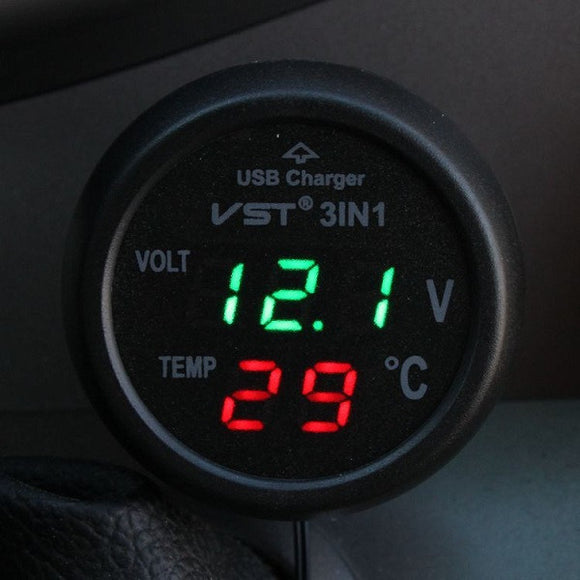 Car USB Charger Voltmeter Thermometer