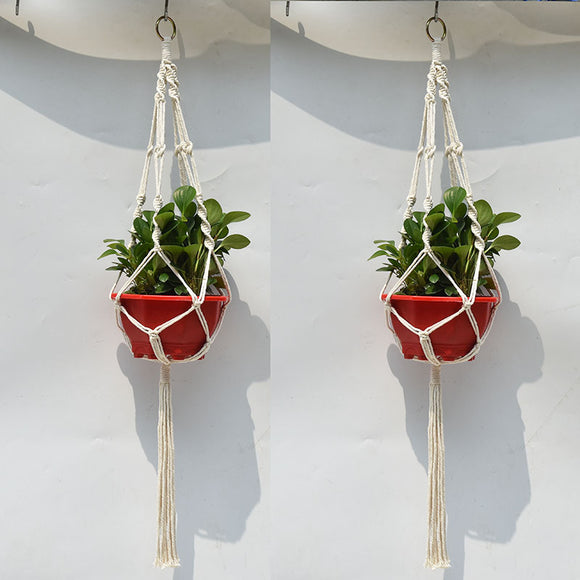 4 Legs Handmade Crude Cotton Flower Pot Decorations Hanging Basket Plant Hanger Rope with Iron Coils