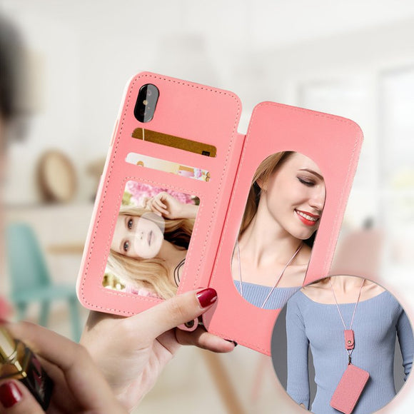 Make-up Mirror Card Slots Magnetic Kickstand Case With Adjustable Lanyard For iPhone X