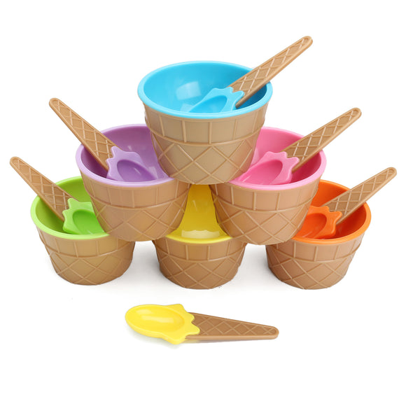 6PCS Children's Plastic Ice Cream Bowls Spoons Set Durable Ice Cream Cup Dessert Bowl