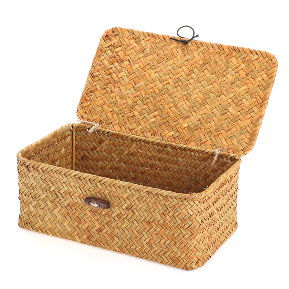 Storage Box Rectangular Straw Flower Basket with Cover Home Garden Fruit Clothes