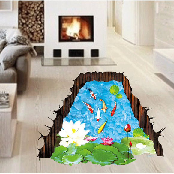 Miico Creative 3D Lotus Pool Goldfish Removable Home Room Decorative Wall Floor Decor Sticker