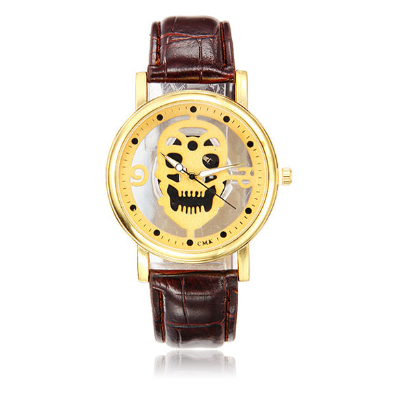 Skeleton Hollow Fashion Male Female Business PU Leather Quartz Wrist Watch