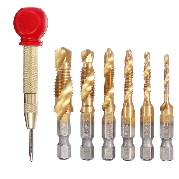 7Pcs Drill Bit Set 6Pcs M3-M10 Combination Drill Tap Bit Set HSS 6542 Titanium Coated Deburr Countersink Drill Bits with 1Pcs Automatic Center Punch