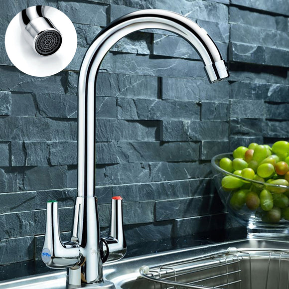 Modern Chrome Dual Twin Lever Kitchen Sink Faucet Cold and Hot Water Mixer Basin Tap