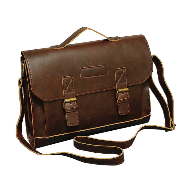 Vintage Briefcase Men PU Leather Classic Business Shoulder Bag Handbag Solid Crossbody Bag