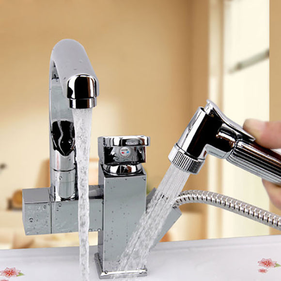 Kitchen Sink Mixer Faucet Pull Out Sprayer Tap Bathroom Dual Water Spouts 360 Degree Swivel