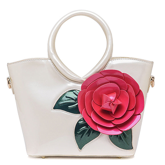 Women Casual Pearl Patent Leather Coloful Flower Sweet Lady's Handbag