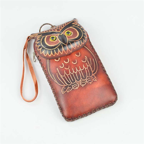 Genuine Leather Cartoon Owl 5.5inch Phone Bag Clutch Coins Bags Purse