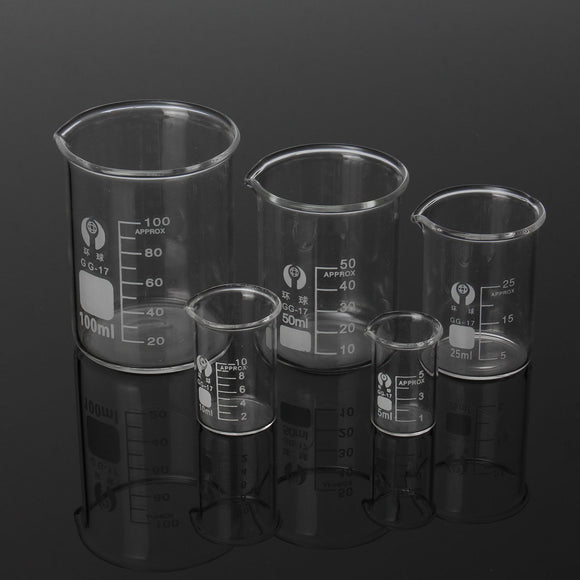 5Pcs 5ml 10ml 25ml 50ml 100ml Beaker Set Graduated Borosilicate Glass Beaker Volumetric Measuring Laboratory Glassware