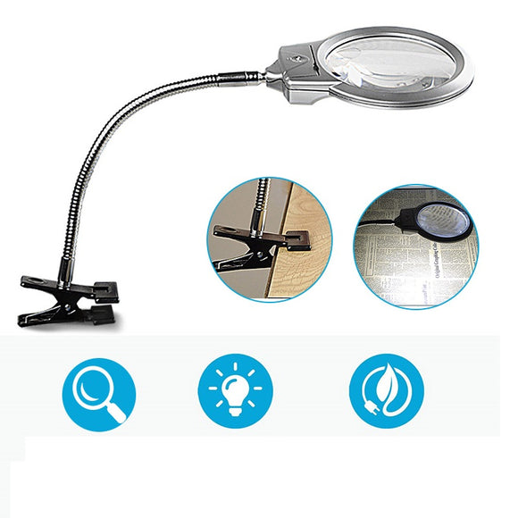 Clip Type Magnifier W/ LED Light Reading Handle Magnifying Glass Flexible Metal