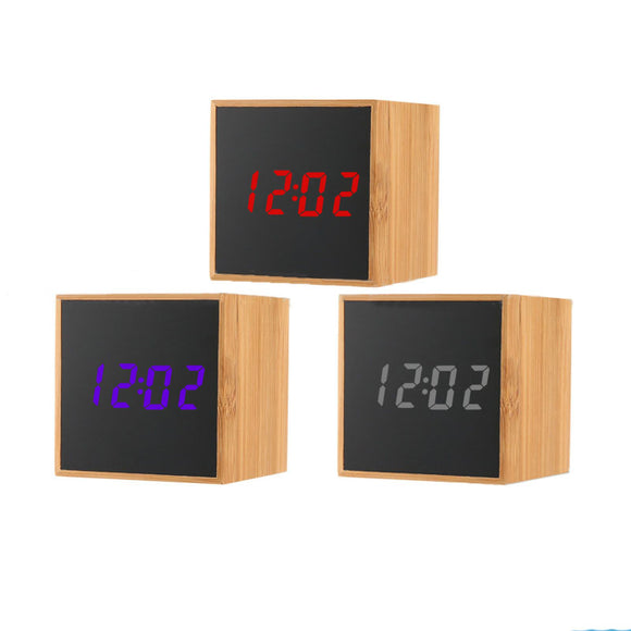 TS-M01 Wood Bamboo Multi-Function LED Alarm Clock Time Temperature Display Sounds Control Clocks