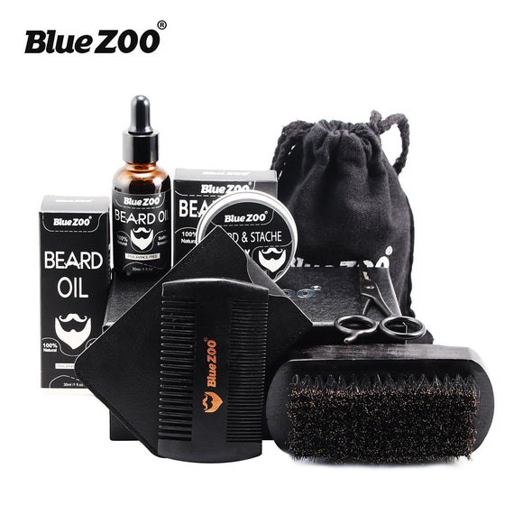 BlueZoo 7Pcs Natural Beard Hair Styling Set Mustache Oil Wax Moisturizing Brush Comb Scissor Men