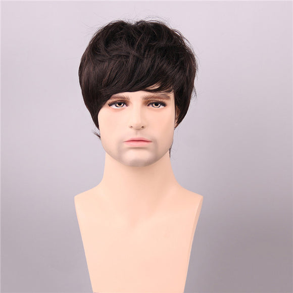 Medium Brown Human Hair Wigs Short Mono Top Male Virgin Remy Capless Side Bang