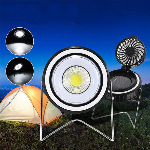 Portable Solar Powered COB Working Light Rotating Fan USB Charging Emergency Camping Lamp