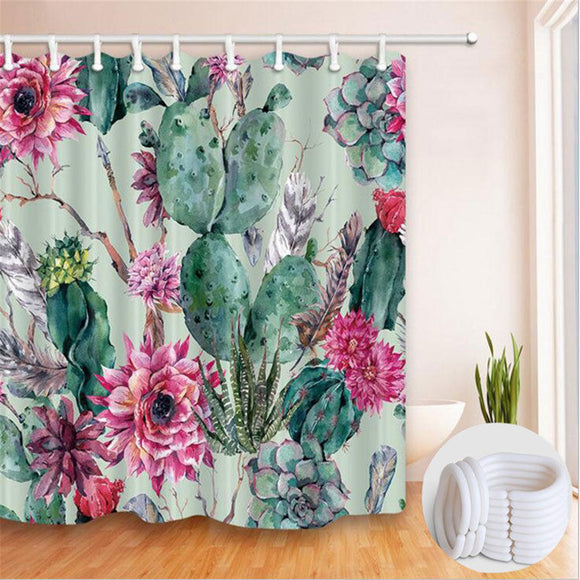180*180cm Modren Cactus Bathroom Curtains Polyester Waterproof Shower Curtain Set
