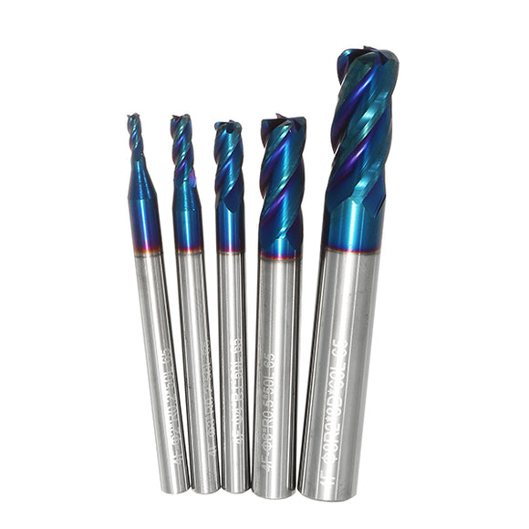Drillpro 5pcs 2-8mm HRC65 Blue NACO Coated Round Nose Milling Cutter 4 Flutes End Mill CNC Tool