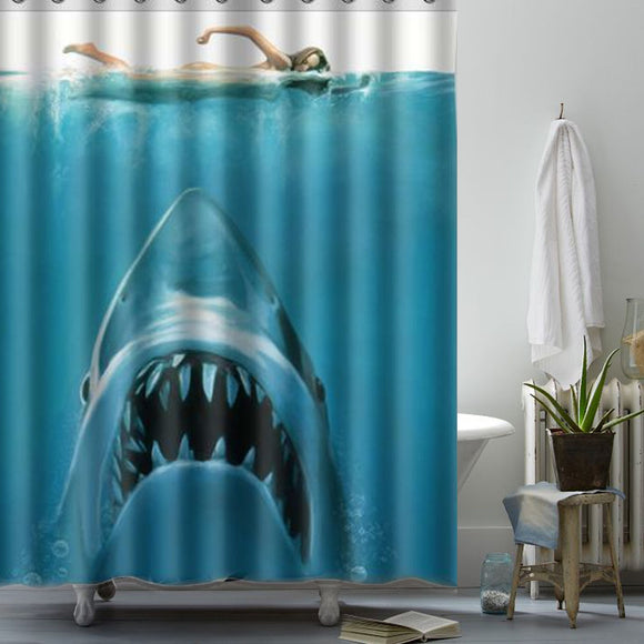 150x180cm Shark Pattern Waterproof Polyester Shower Curtain Bathroom Decor with 12 Hooks