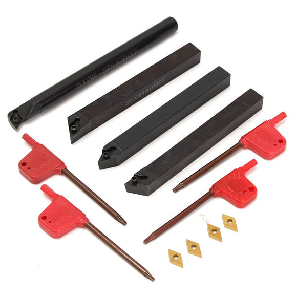 Drillpro 4pcs 10mm Shank Lathe Boring Bar Turning Tool Holder With 4pcs DCMT070204 Inserts