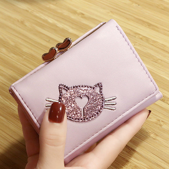 Women Faux Leather Trifold Cute Cat Pattern Short Wallet Coin Bag Card Holder