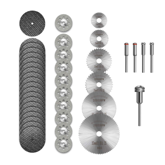 Drillpro 41Pcs Cutting Wheel Set for Rotary Tool 6Pcs HSS Circular Saw Blades 20Pcs Resin Cutting Discs 10Pcs Diamond Cutting Wheels with 5Pcs Mandrels