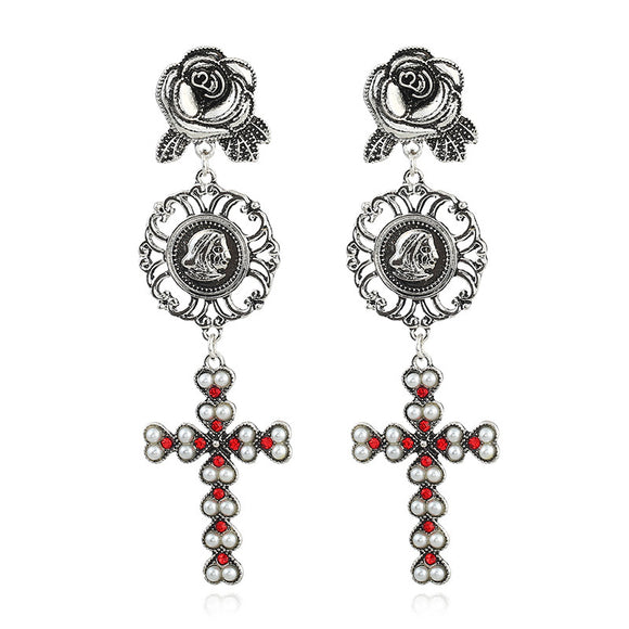 Bohemian Gold Plated Rose Flower Cross Gold Earring Drop Long Dangle Earrings for Women