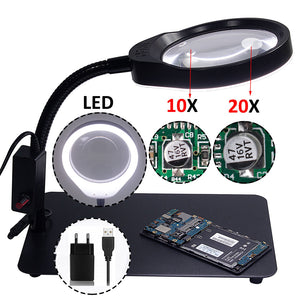 PD-032C 10/20X Magnifier Lamp Magnifying Glass with 48 Led Lights Metal Base USB Interface