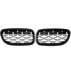 1 Pair Front Kidney Grille Chrome + Gloss Black Diamond Meteor Style For BMW E90 2009-2012